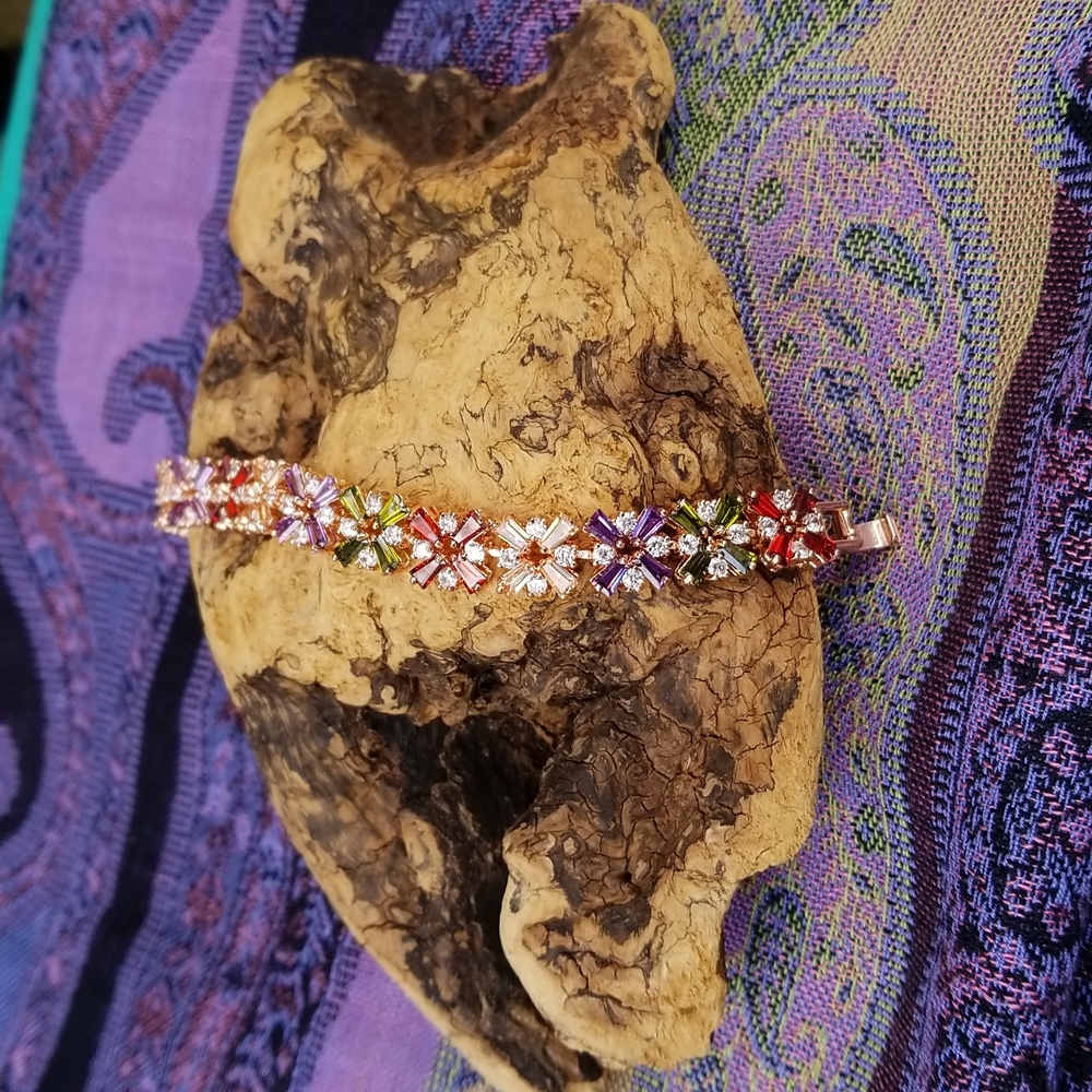 Rosegold Plated Multicolor Cubic Zirconia Gemstone Bracelet NWOT - Picture 8 of 10